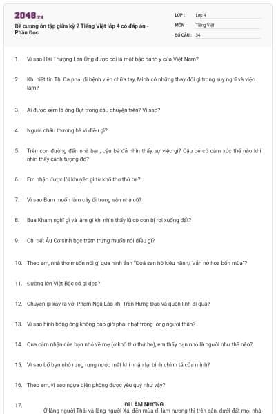 Đề cương ôn tập giữa kỳ 2 Tiếng Việt lớp 4 có đáp án - Phần Đọc