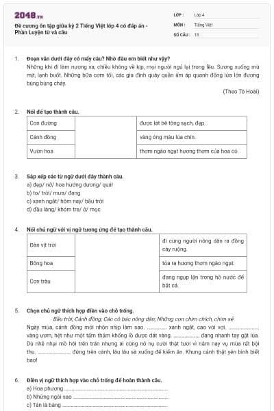 Đề cương ôn tập giữa kỳ 2 Tiếng Việt lớp 4 có đáp án - Phần Luyện từ và câu