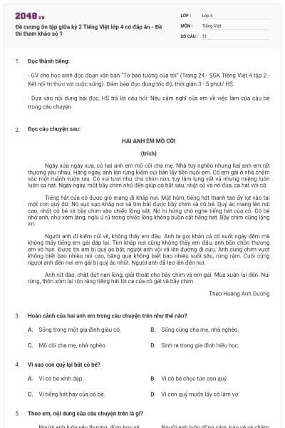 Đề cương ôn tập giữa kỳ 2 Tiếng Việt lớp 4 có đáp án - Đề thi tham khảo số 1