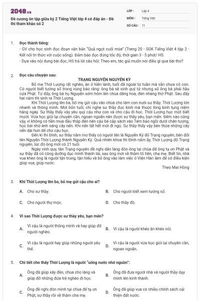 Đề cương ôn tập giữa kỳ 2 Tiếng Việt lớp 4 có đáp án - Đề thi tham khảo số 2