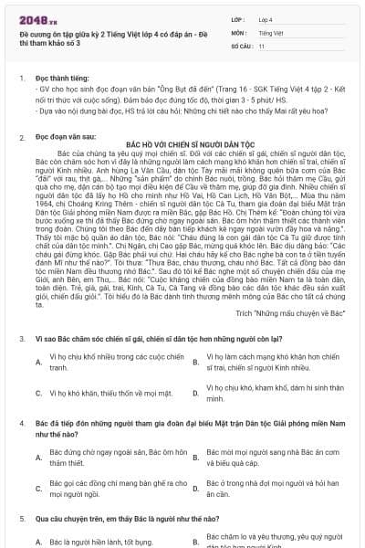 Đề cương ôn tập giữa kỳ 2 Tiếng Việt lớp 4 có đáp án - Đề thi tham khảo số 3