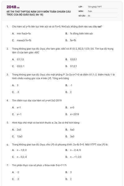 ĐỀ THI THỬ THPTQG NĂM 2019 MÔN TOÁN CHUẨN CẤU TRÚC CỦA BỘ GIÁO DỤC( Đề 18)