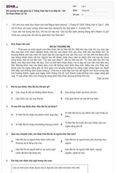 Đề cương ôn tập giữa kỳ 2 Tiếng Việt lớp 4 có đáp án - Đề thi tham khảo số 10