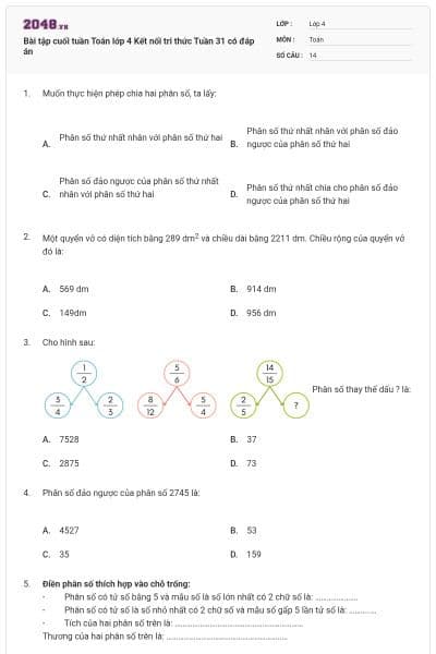 Bài tập cuối tuần Toán lớp 4 Kết nối tri thức Tuần 31 có đáp án