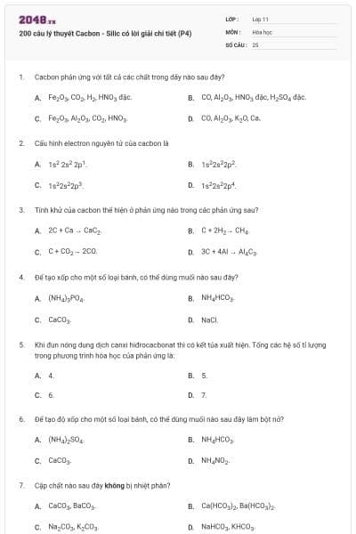 200 câu lý thuyết Cacbon - Silic có lời giải chi tiết (P4)