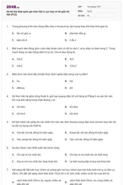 Đề thi thử thpt quốc gia môn Vật Lí cực hay có lời giải chi tiết (P22)