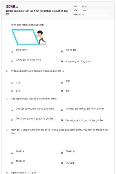 Bài tập cuối tuần Toán lớp 4 Kết nối tri thức Tuần 34 có đáp án