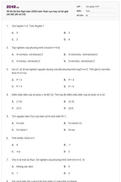30 đề thi thử thpt năm 2020 môn Toán cực hay có lời giải chi tiết (đề số 24)
