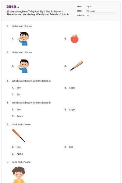 20 câu trắc nghiệm Tiếng Anh lớp 1 Unit 0. Starter - Phonetics and Vocabulary - Family and Friends có đáp án