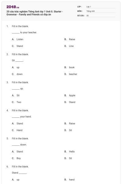 20 câu trắc nghiệm Tiếng Anh lớp 1 Unit 0. Starter - Grammar - Family and Friends có đáp án