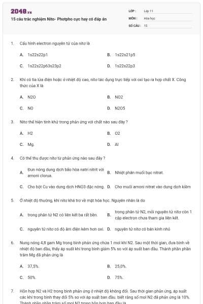 15 câu trắc nghiệm Nito- Photpho cực hay có đáp án