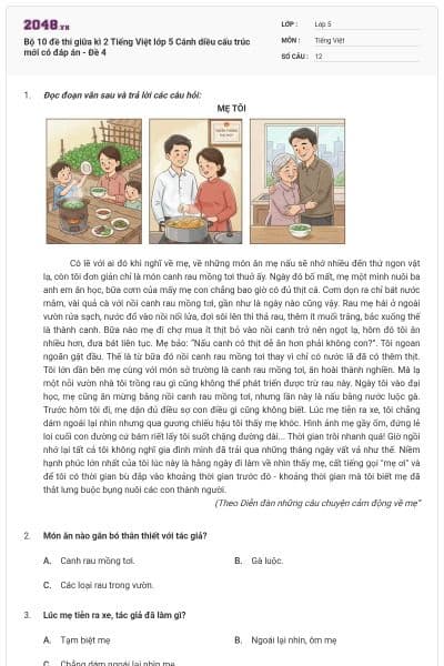 Bộ 10 đề thi giữa kì 2 Tiếng Việt lớp 5 Cánh diều cấu trúc mới có đáp án - Đề 4