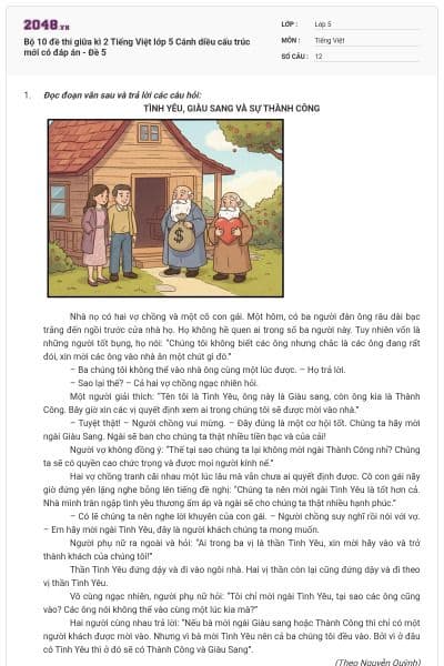 Bộ 10 đề thi giữa kì 2 Tiếng Việt lớp 5 Cánh diều cấu trúc mới có đáp án - Đề 5