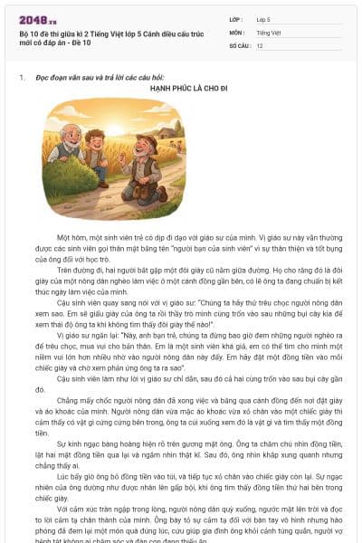 Bộ 10 đề thi giữa kì 2 Tiếng Việt lớp 5 Cánh diều cấu trúc mới có đáp án - Đề 10