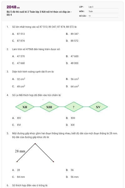 Bộ 5 đề thi cuối kì 2 Toán lớp 3 Kết nối tri thức có đáp án - Đề 4