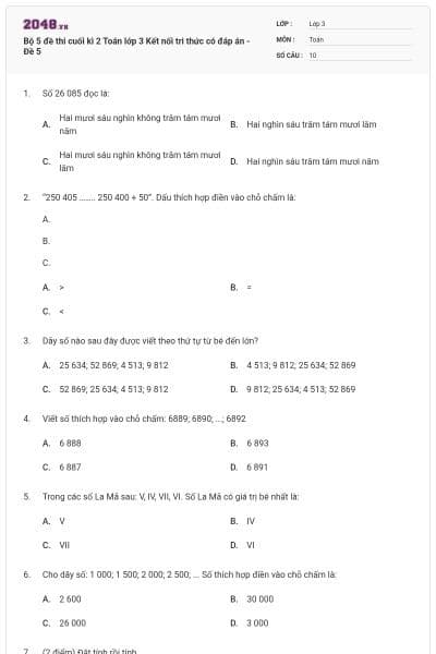 Bộ 5 đề thi cuối kì 2 Toán lớp 3 Kết nối tri thức có đáp án - Đề 5