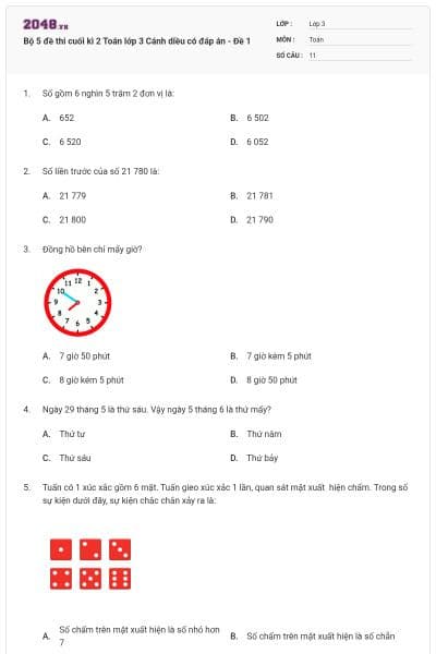 Bộ 5 đề thi cuối kì 2 Toán lớp 3 Cánh diều có đáp án - Đề 1