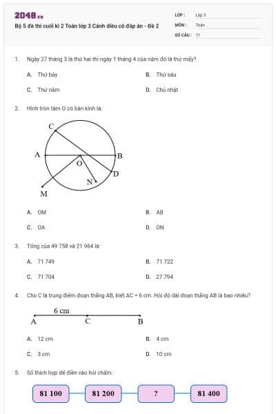 Bộ 5 đề thi cuối kì 2 Toán lớp 3 Cánh diều có đáp án - Đề 2