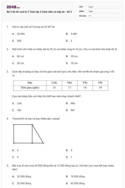 Bộ 5 đề thi cuối kì 2 Toán lớp 3 Cánh diều có đáp án - Đề 3