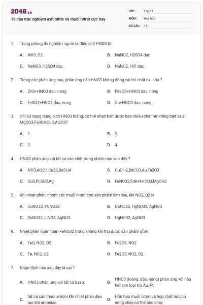 16 câu trắc nghiệm axit nitric và muối nitrat cực hay