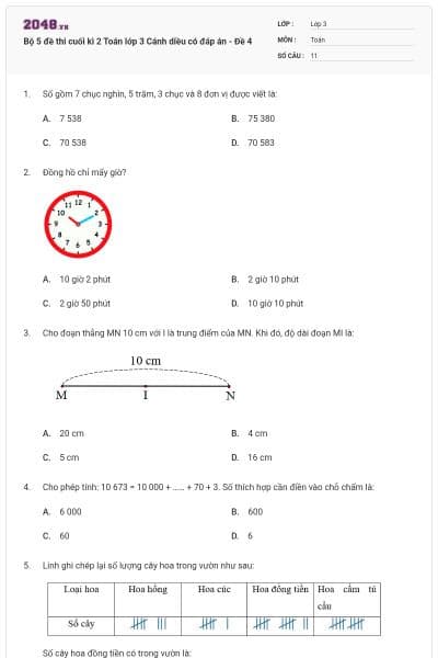 Bộ 5 đề thi cuối kì 2 Toán lớp 3 Cánh diều có đáp án - Đề 4