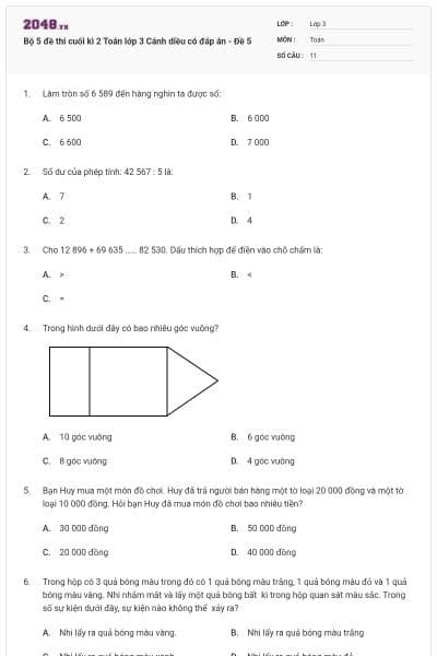 Bộ 5 đề thi cuối kì 2 Toán lớp 3 Cánh diều có đáp án - Đề 5