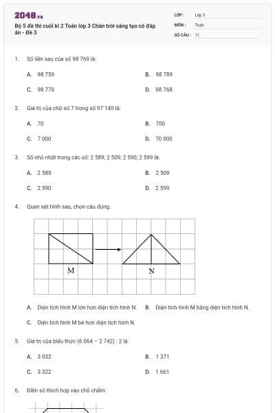Bộ 5 đề thi cuối kì 2 Toán lớp 3 Chân trời sáng tạo có đáp án - Đề 3