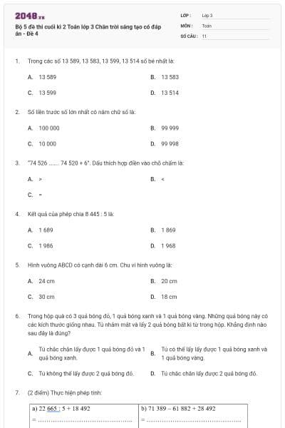 Bộ 5 đề thi cuối kì 2 Toán lớp 3 Chân trời sáng tạo có đáp án - Đề 4