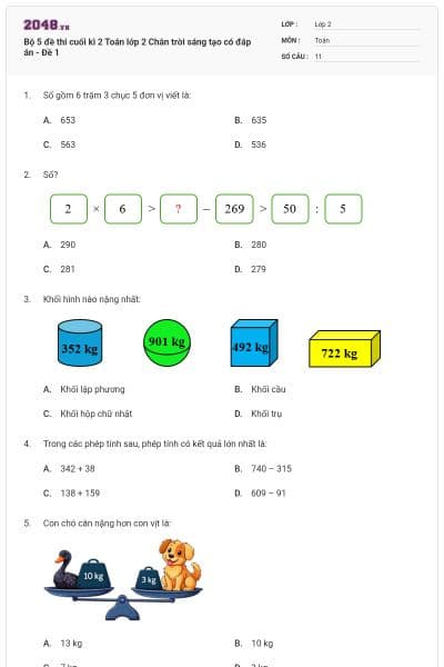 Bộ 5 đề thi cuối kì 2 Toán lớp 2 Chân trời sáng tạo có đáp án - Đề 1