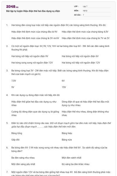 Bài tập tự luyện Hiệu điện thế hai đầu dụng cụ điện