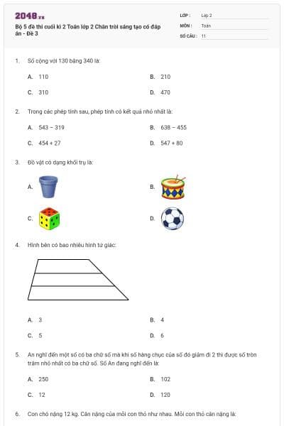 Bộ 5 đề thi cuối kì 2 Toán lớp 2 Chân trời sáng tạo có đáp án - Đề 3