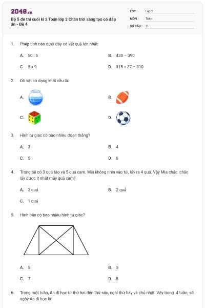 Bộ 5 đề thi cuối kì 2 Toán lớp 2 Chân trời sáng tạo có đáp án - Đề 4