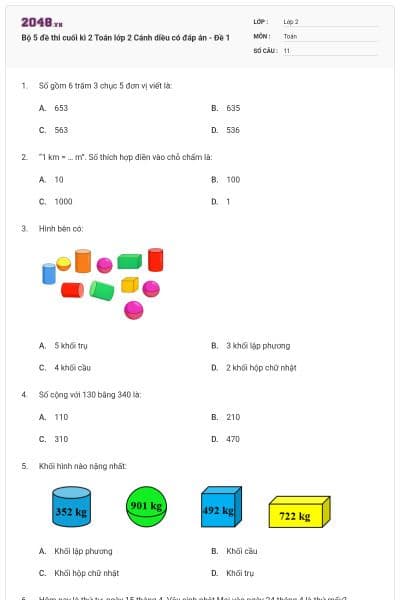 Bộ 5 đề thi cuối kì 2 Toán lớp 2 Cánh diều có đáp án - Đề 1