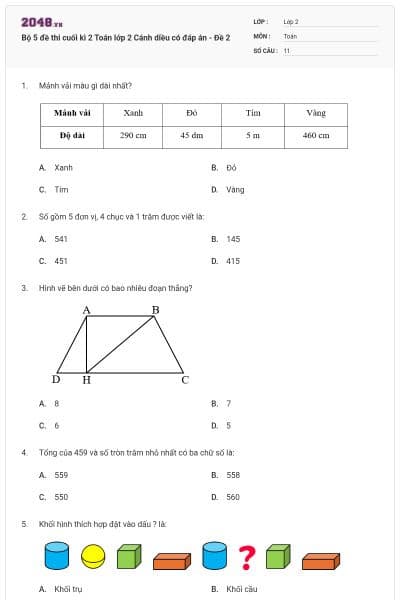 Bộ 5 đề thi cuối kì 2 Toán lớp 2 Cánh diều có đáp án - Đề 2