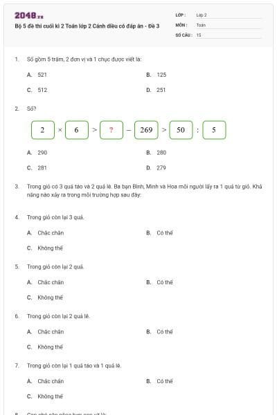 Bộ 5 đề thi cuối kì 2 Toán lớp 2 Cánh diều có đáp án - Đề 3