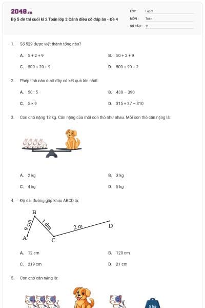 Bộ 5 đề thi cuối kì 2 Toán lớp 2 Cánh diều có đáp án - Đề 4
