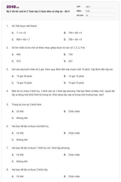 Bộ 5 đề thi cuối kì 2 Toán lớp 2 Cánh diều có đáp án - Đề 5