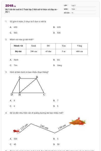 Bộ 5 đề thi cuối kì 2 Toán lớp 2 Kết nối tri thức có đáp án - Đề 1