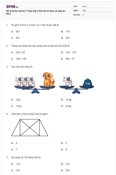 Bộ 5 đề thi cuối kì 2 Toán lớp 2 Kết nối tri thức có đáp án - Đề 2