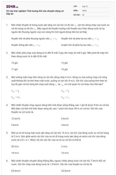 25 câu trắc nghiệm Tính tương đối của chuyển động có đáp án