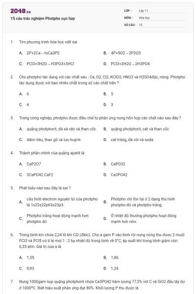 15 câu trắc nghiệm Photpho cực hay