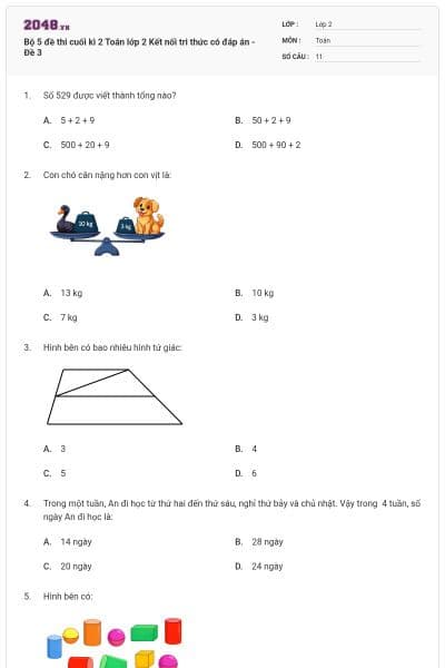 Bộ 5 đề thi cuối kì 2 Toán lớp 2 Kết nối tri thức có đáp án - Đề 3