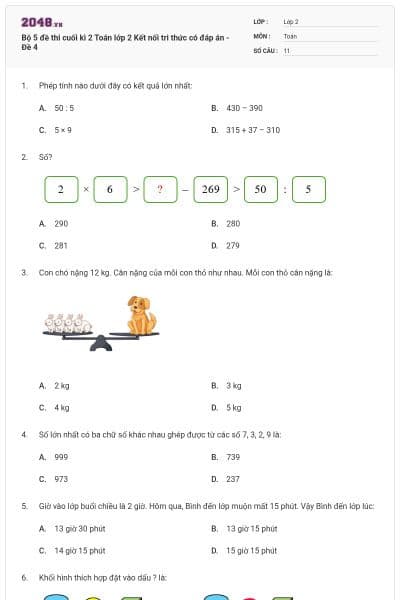 Bộ 5 đề thi cuối kì 2 Toán lớp 2 Kết nối tri thức có đáp án - Đề 4