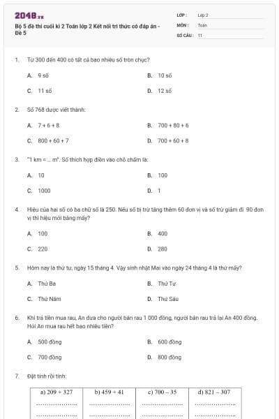 Bộ 5 đề thi cuối kì 2 Toán lớp 2 Kết nối tri thức có đáp án - Đề 5