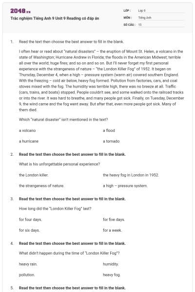 Trắc nghiệm Tiếng Anh 9 Unit 9 Reading có đáp án