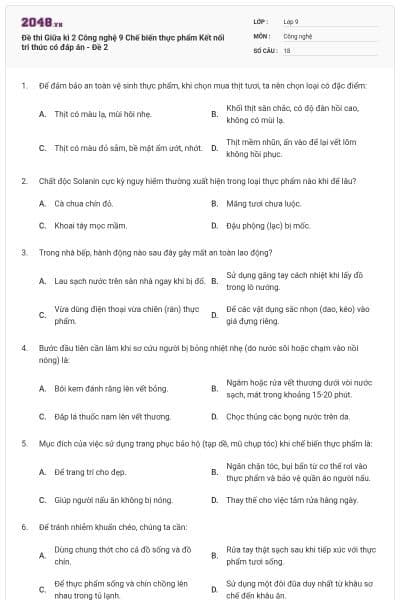 Đề thi Giữa kì 2 Công nghệ 9 Chế biến thực phẩm Kết nối tri thức có đáp án - Đề 2