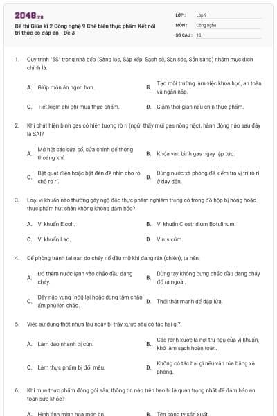 Đề thi Giữa kì 2 Công nghệ 9 Chế biến thực phẩm Kết nối tri thức có đáp án - Đề 3