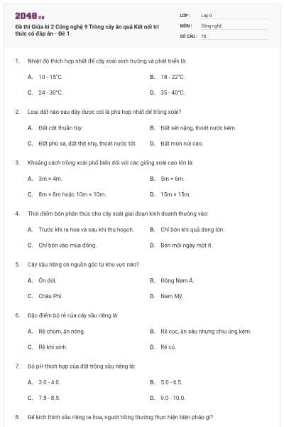 Đề thi Giữa kì 2 Công nghệ 9 Trồng cây ăn quả Kết nối tri thức có đáp án - Đề 1