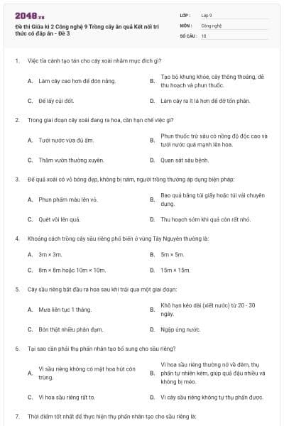 Đề thi Giữa kì 2 Công nghệ 9 Trồng cây ăn quả Kết nối tri thức có đáp án - Đề 3