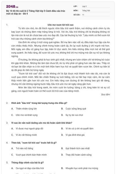 Bộ 10 đề thi cuối kì 2 Tiếng Việt lớp 5 Cánh diều cấu trúc mới có đáp án - Đề 4